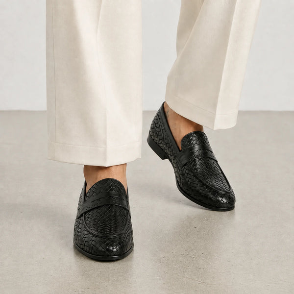 LE TORO Premium Black Woven Leather Penny Loafers