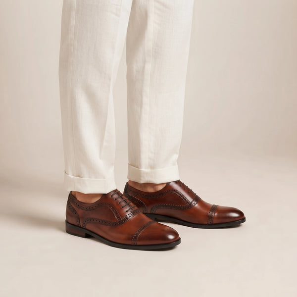LE TORO Tan Brown Brogue Leather Oxford Shoes withDetailing
