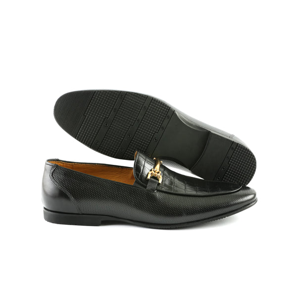 LE TORO Premium Black Perforated Leather Metal Buckle Loafers