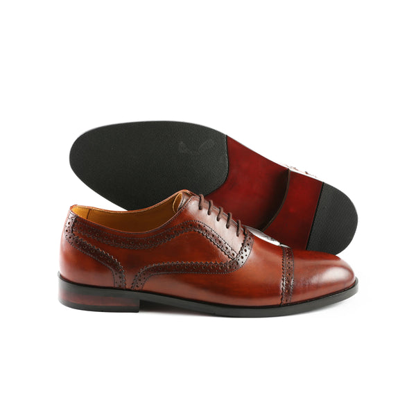 LE TORO Tan Brown Brogue Leather Oxford Shoes withDetailing
