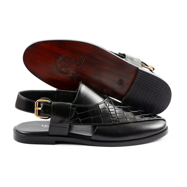 LE TORO Modern Black Geometric Embossed Leather Peshawari Sandals
