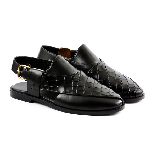 LE TORO Modern Black Geometric Embossed Leather Peshawari Sandals