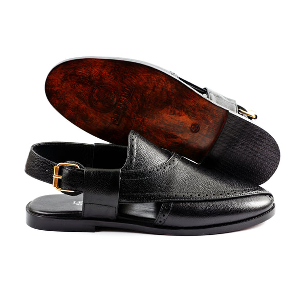 LE TORO Men's Premium Black Brogue Leather Peshawari Sandals