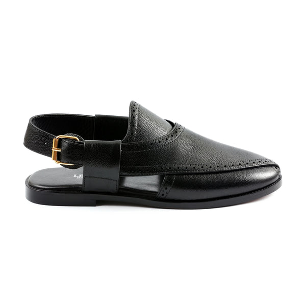 LE TORO Men's Premium Black Brogue Leather Peshawari Sandals