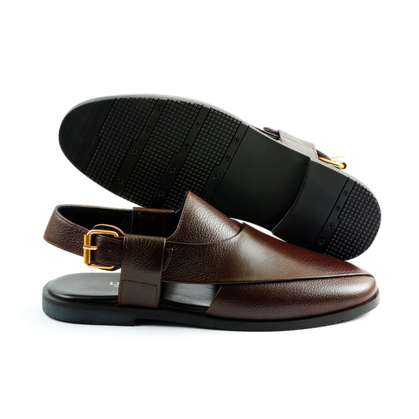 LE TORO Men's Premium Brown Textured Leather Peshawari Sandals