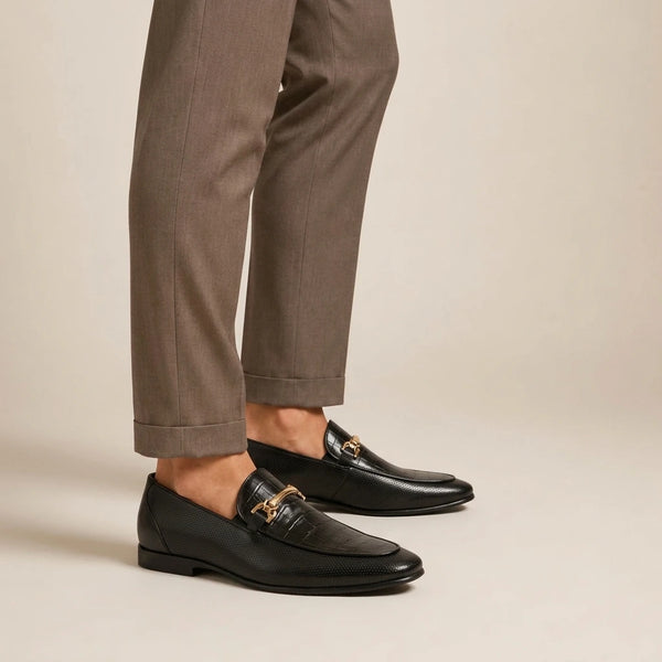 LE TORO Premium Black Perforated Leather Metal Buckle Loafers