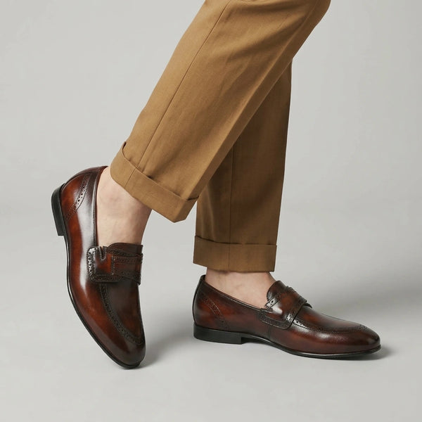 LE TORO Brown Brogue Penny Loafers for Men