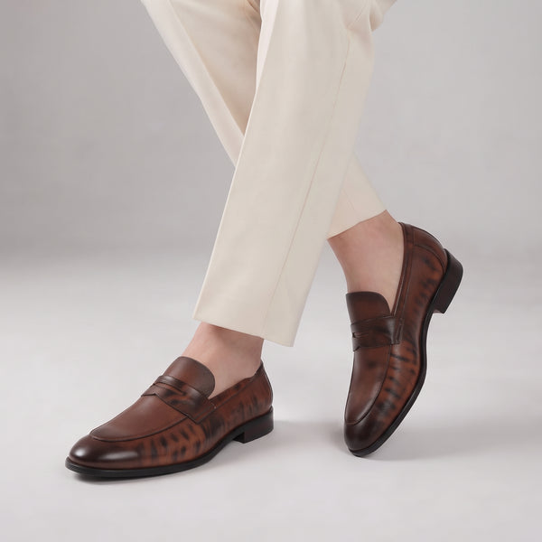LE TORO Premium Brown Leather Penny Loafers for Men