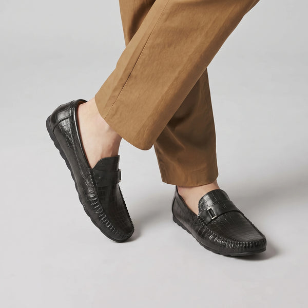 LE TORO Men's Black Embossed Leather Moccasins