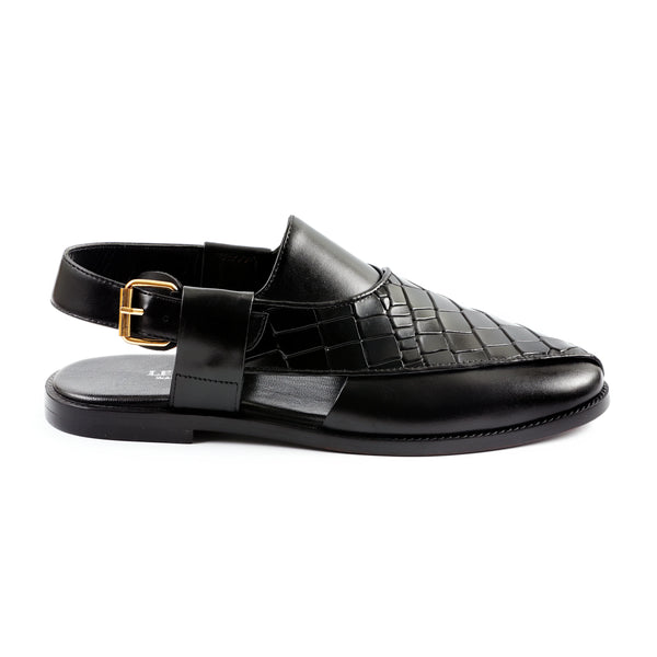 LE TORO Modern Black Geometric Embossed Leather Peshawari Sandals